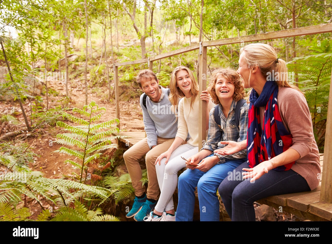 Family sitting on a bridge in a forest talking Stock Photo - Alamy