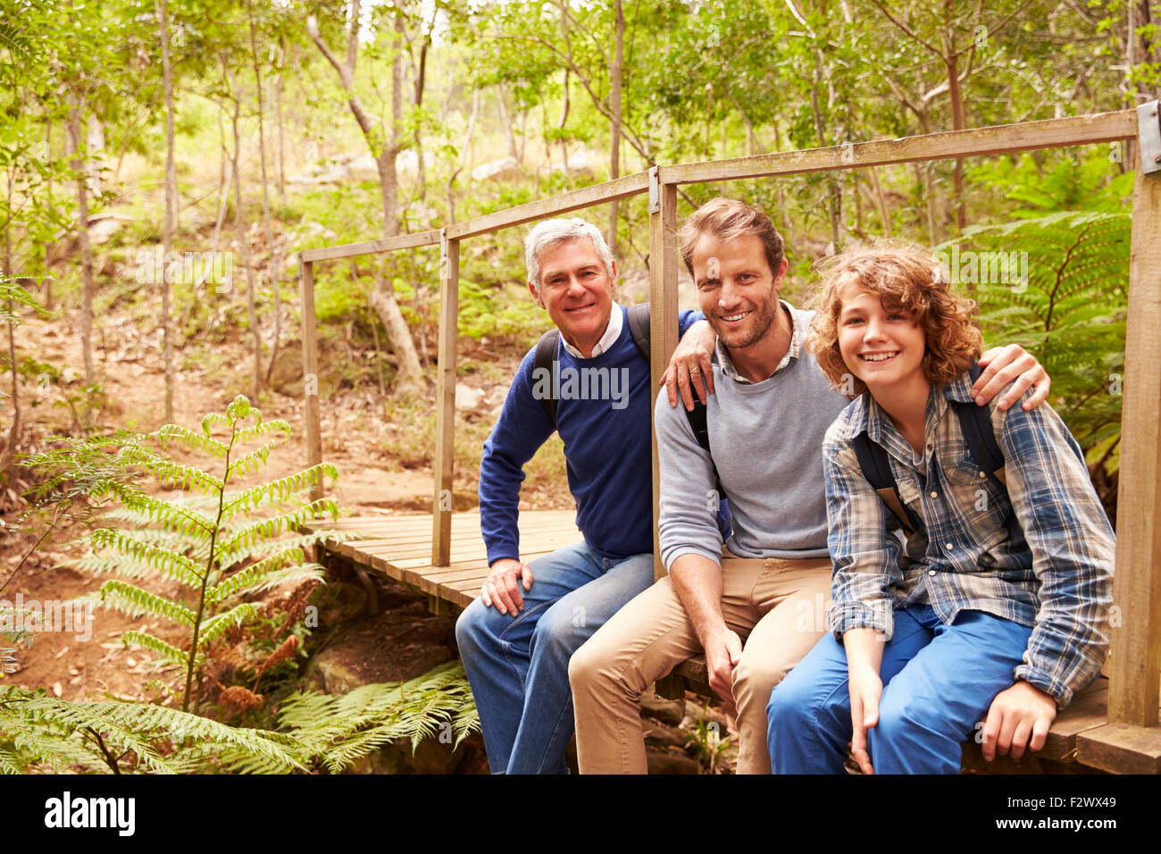 Three generations of men on a bridge in a forest, portrait Stock Photo