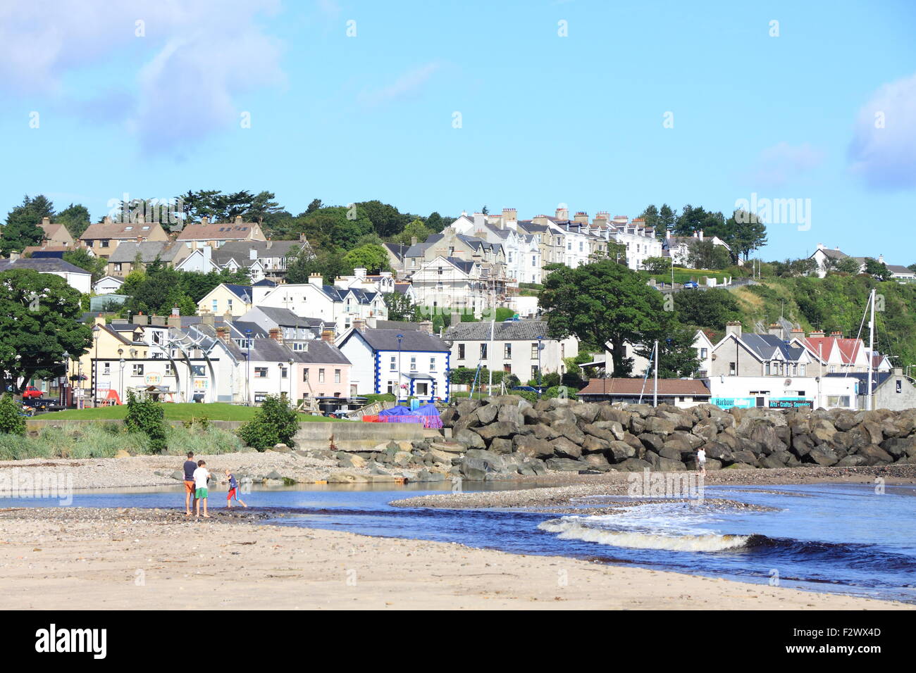 Looking across the strand to the town of Ballycastle, Northern Ireland. Stock Photo