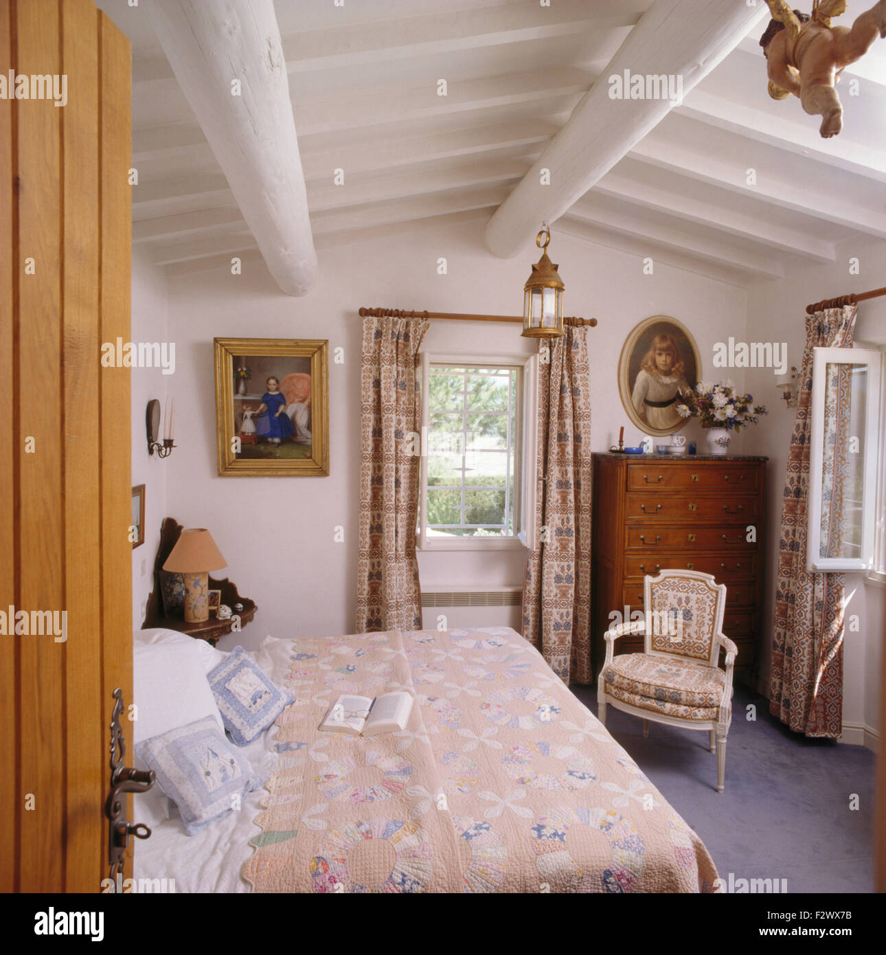 White Painted Rustic Beams In Nineties French Country Bedroom