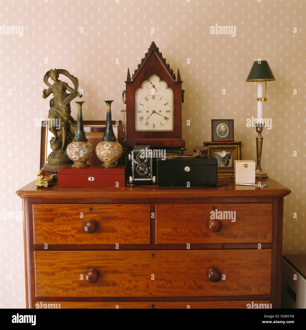 Vintage Camera And Gothic Style Clock On Antique Chest Of Drawers