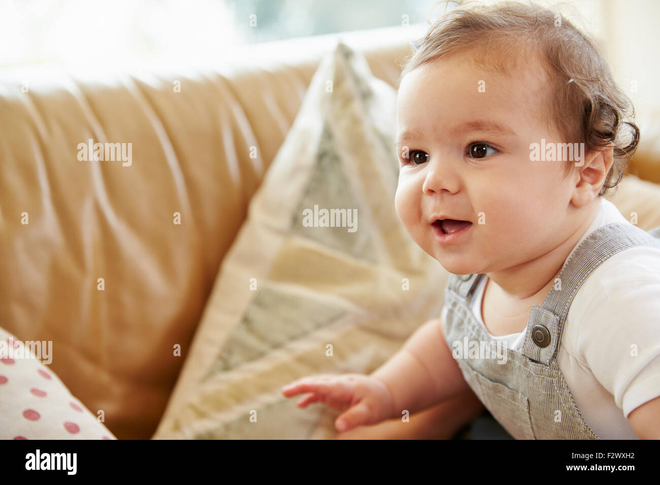 Happy Baby Boy Playing On Sofa At Home Stock Photo Alamy
