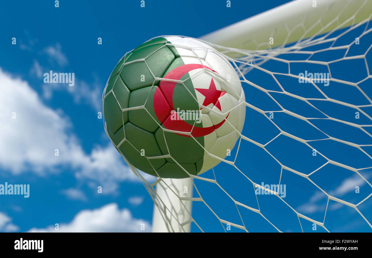 Algeria flag and soccer ball, football in goal net Stock Photo - Alamy
