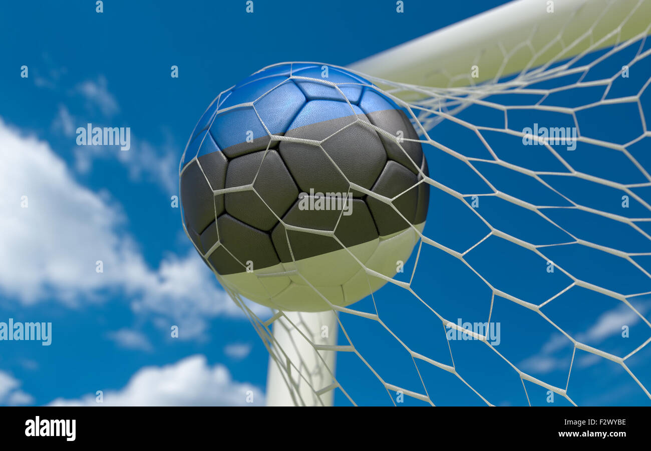 Estonia flag and soccer ball, football in goal net Stock Photo - Alamy
