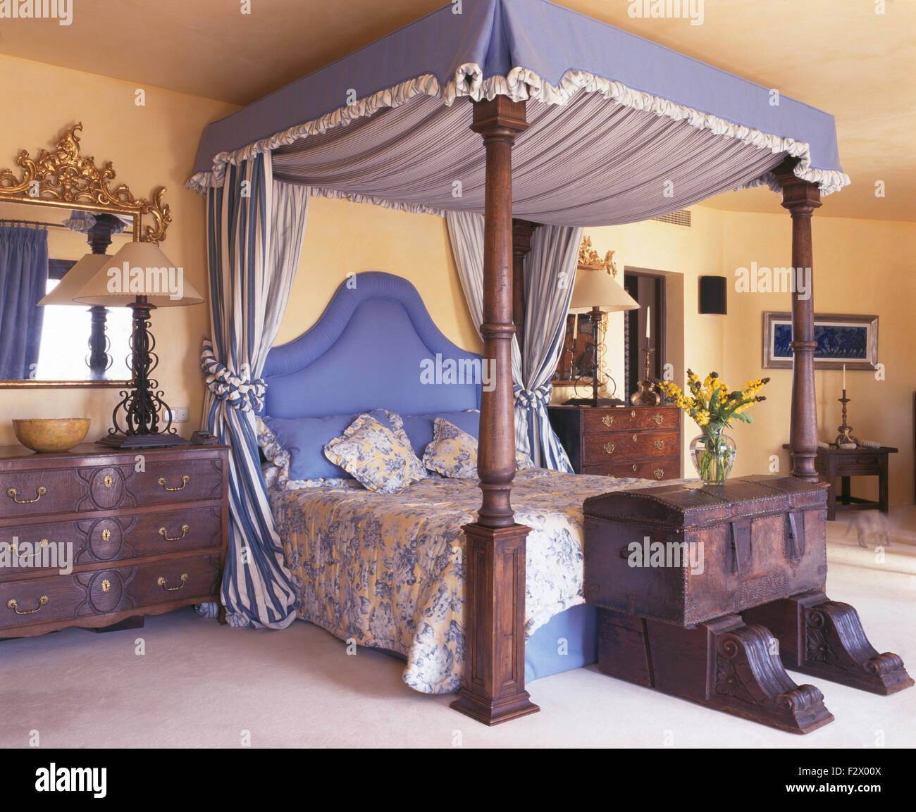 Blue Drapes On Four Poster Bed With A Blue Upholstered Head Board
