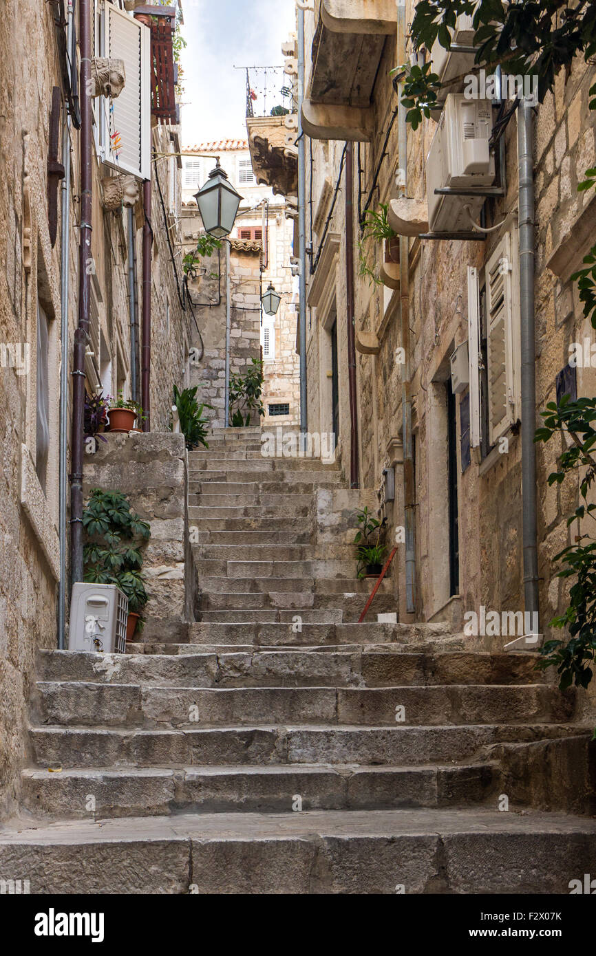Narrow and empty alley and stairs at the Old Town in Dubrovnik, Croatia. Stock Photo