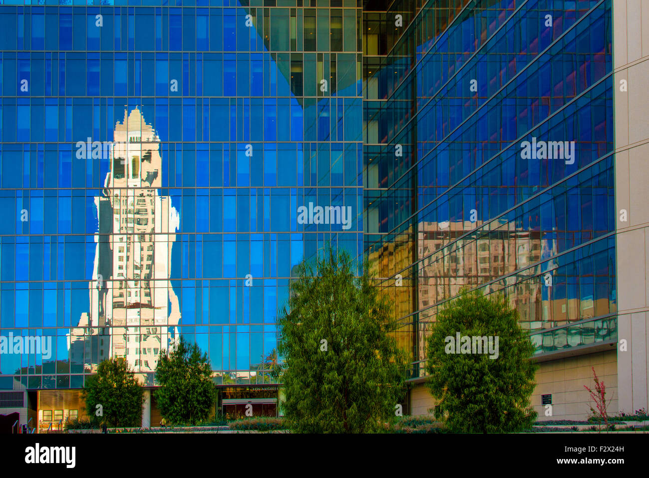 Reflection of the Los Angeles City Hall at Los Angeles Police Dept Headquarters, Los Angeles, California, USA Stock Photo