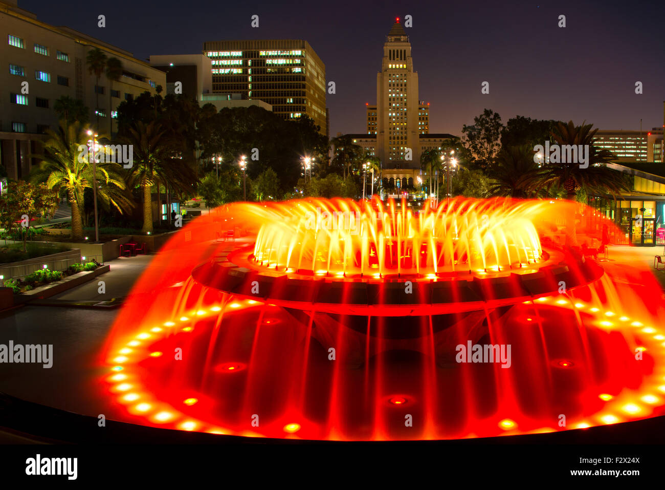 Los Angeles City Hall as seen from the Grand Park at night, Los Angeles, California, USA Stock Photo