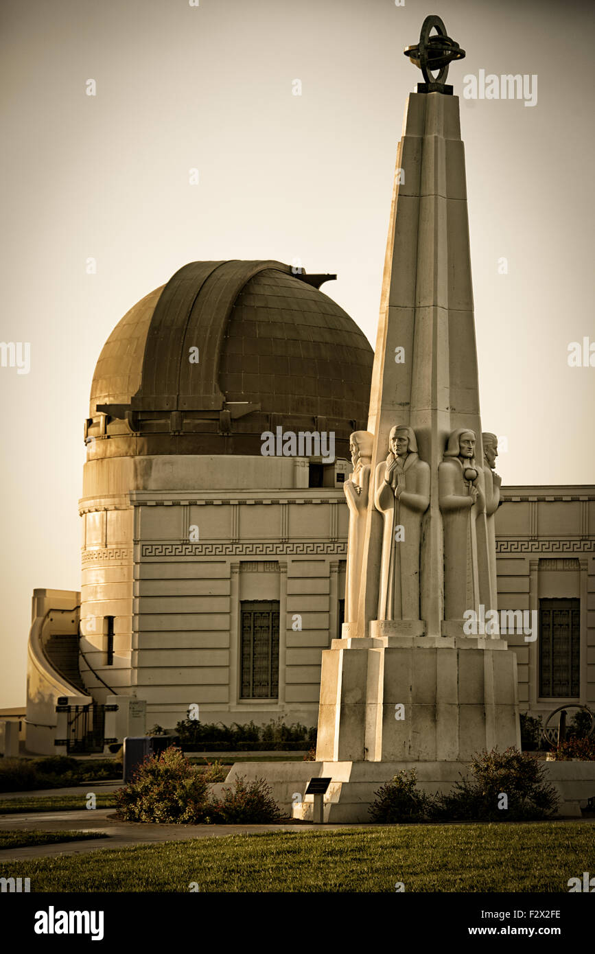 Astronomers Monument in front of Griffith Observatory in Griffith Park, Los Angeles, California, USA Stock Photo