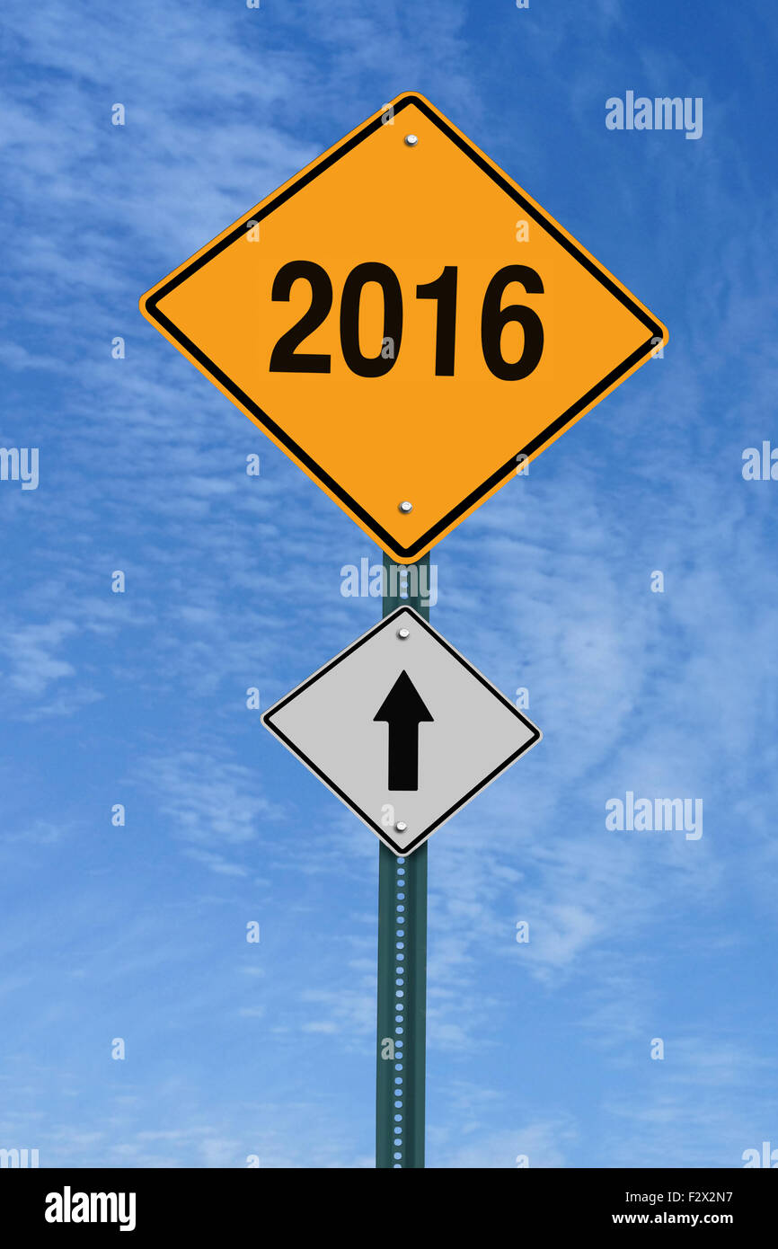 2016 ahead road sign over blue sky with clouds Stock Photo