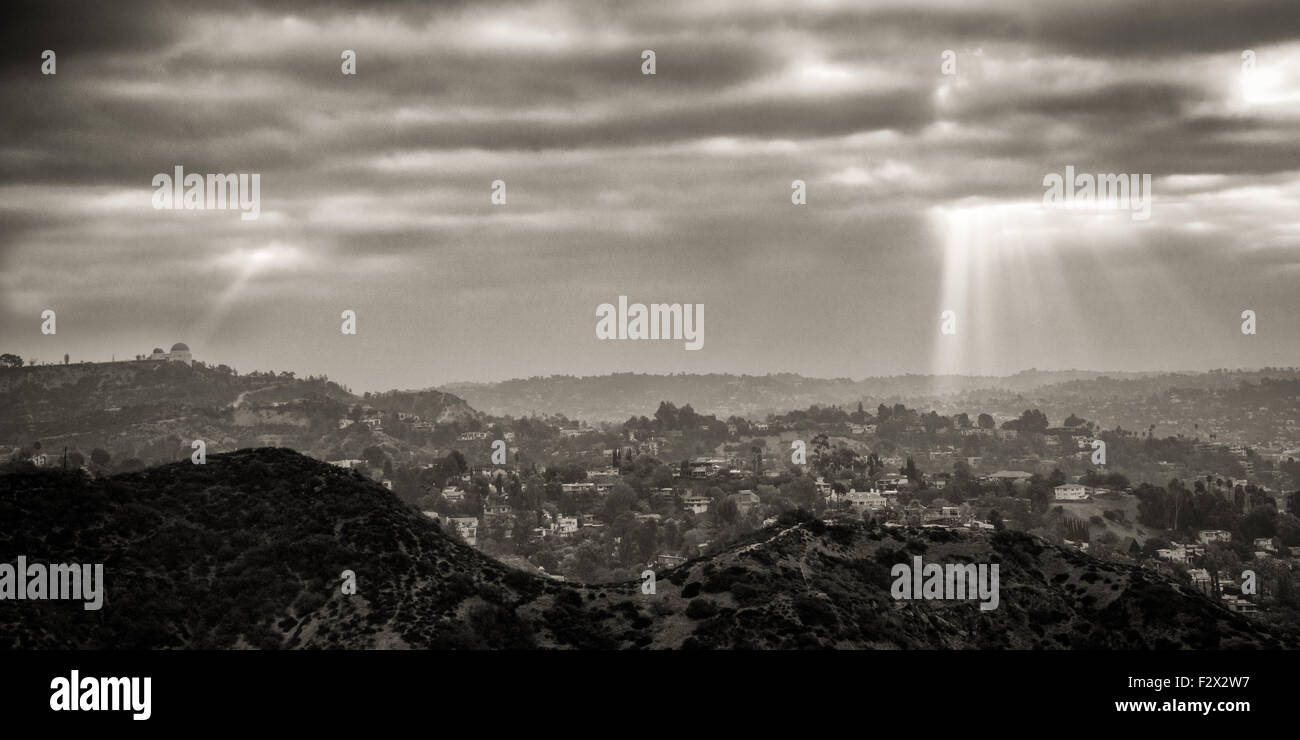 Los Angeles from the Hollywood Bowl Overlook at dusk, Los Angeles County, California, USA Stock Photo