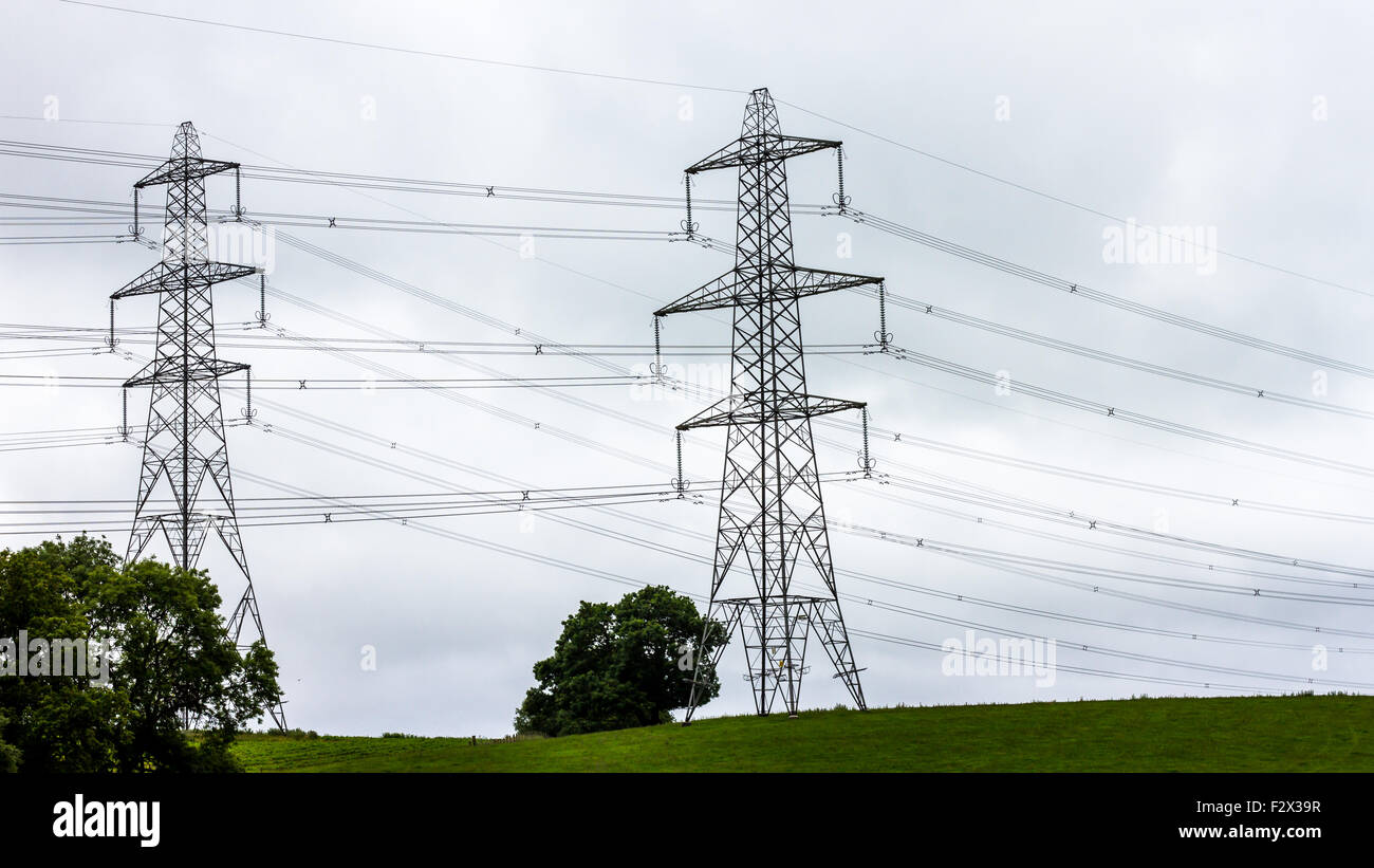 Electricity pylons along the A477 in Wales Stock Photo