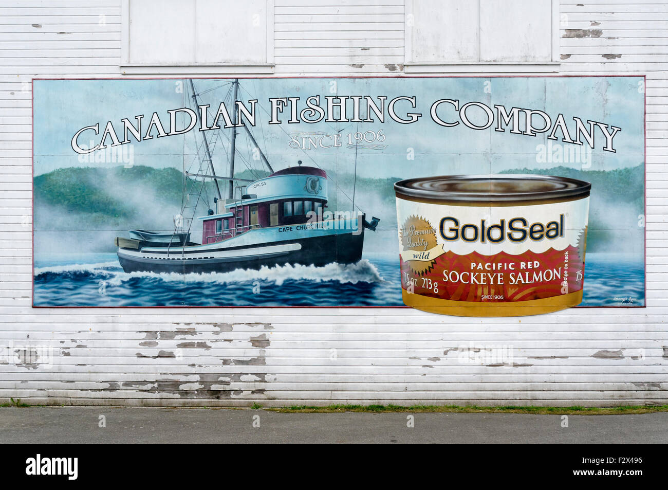 Sockeye salmon mural at the historical Gulf of Georgia Cannery, Steveston village, Richmond, British Columbia, Canada Stock Photo