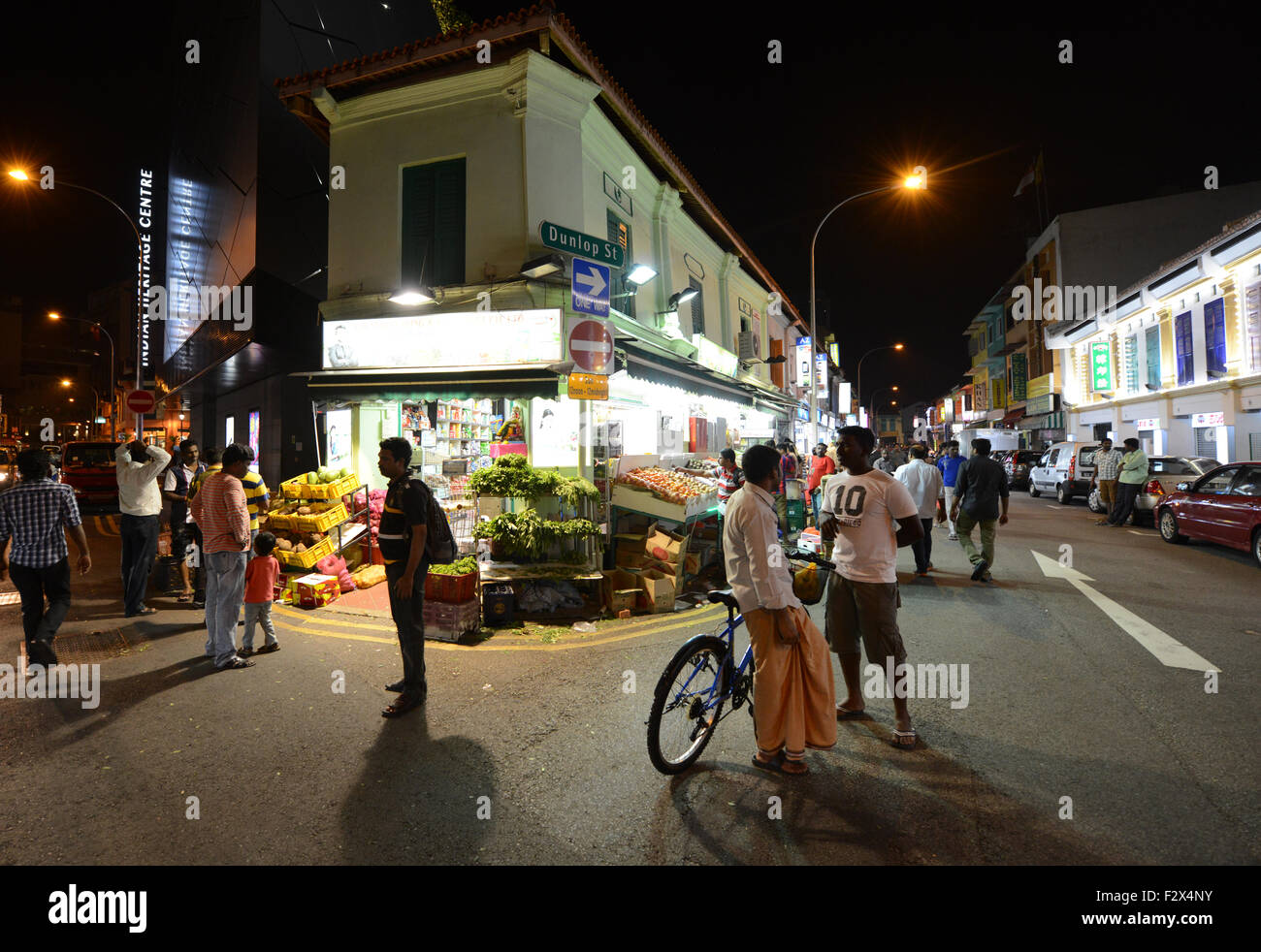 Indian heritage centre and vegetable shops near it. Stock Photo