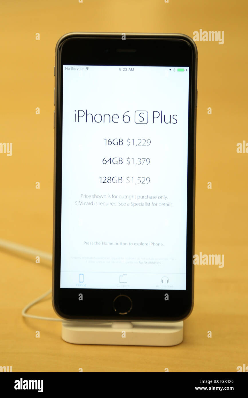 Sydney, Australia. 25 September 2015. Pictured: The new iPhone 6S Plus. The new iPhone 6S went on sale from 8am. Credit:  Richard Milnes/Alamy Live News Stock Photo