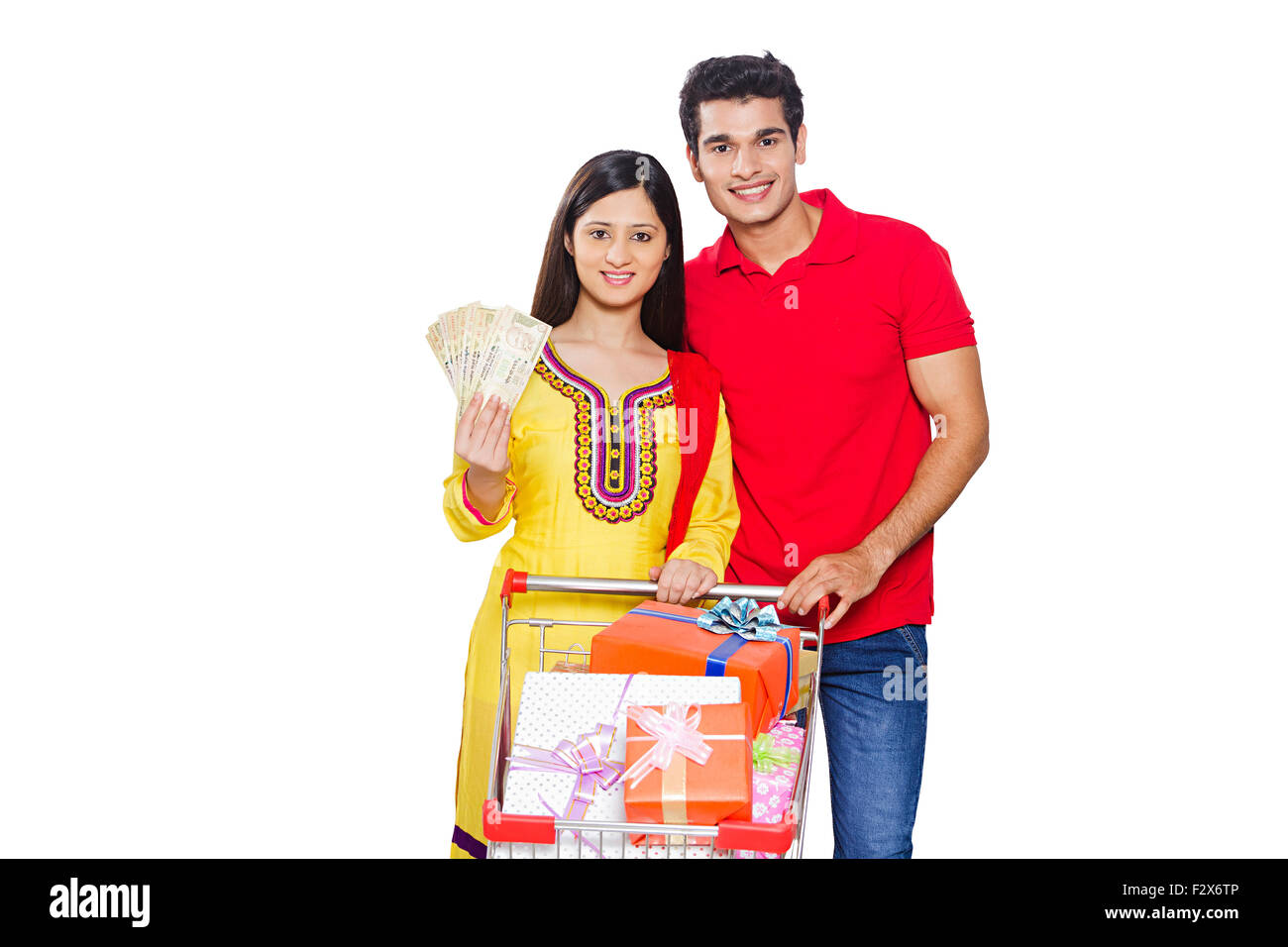2 indian Married Couple Diwali Gift shopping and showing money Stock ...