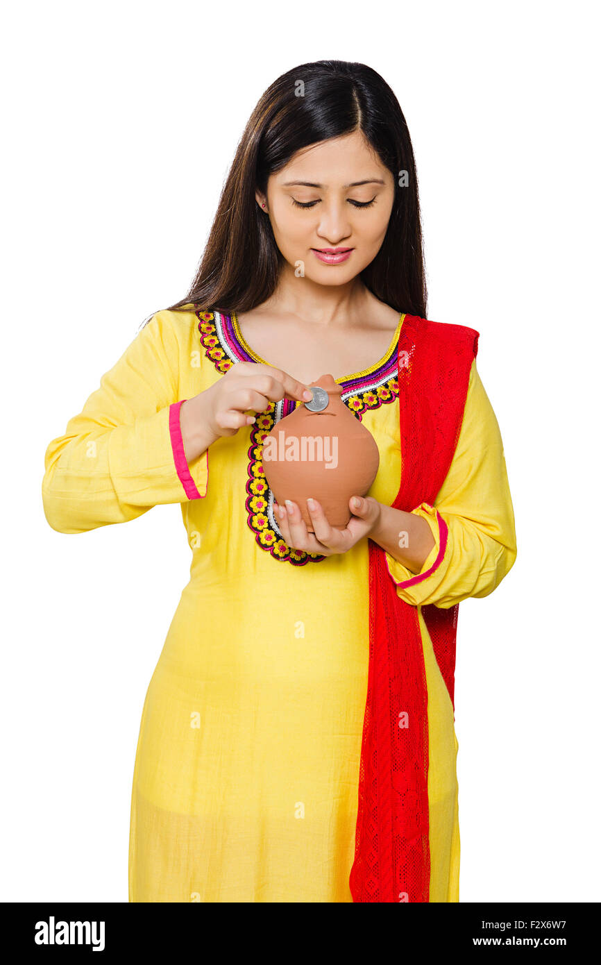 1 indian Woman Housewife Saving money Piggy Bank Stock Photo - Alamy