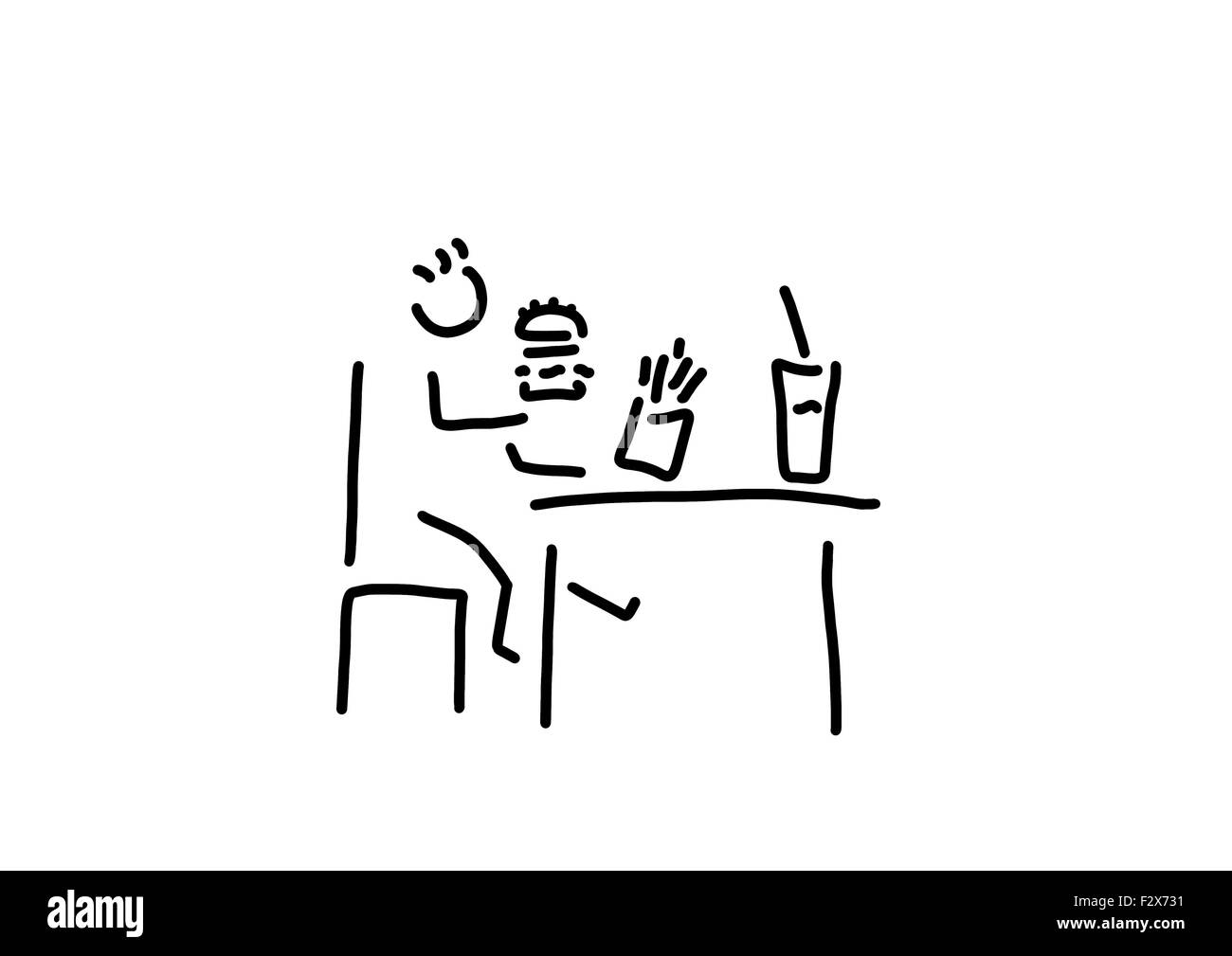 Fast food, child sitting on table, line drawing, black and white Stock Photo
