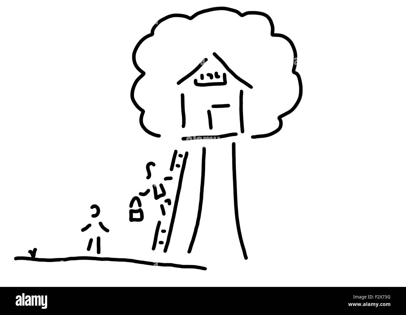 Boy and girl on old tree house, line drawing, black and white Stock Photo