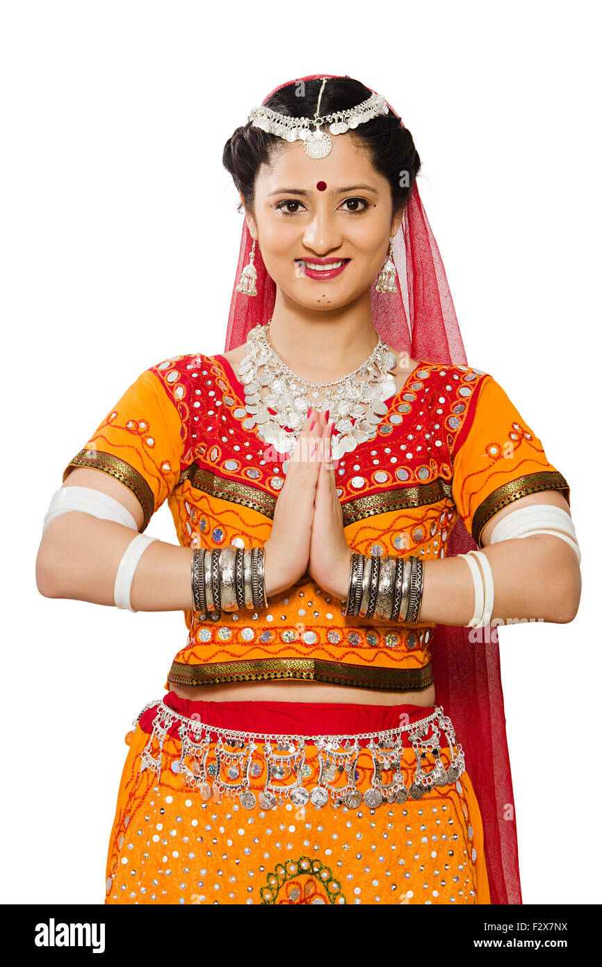 1 indian Rajasthani woman Joined Hands Welcome Stock Photo