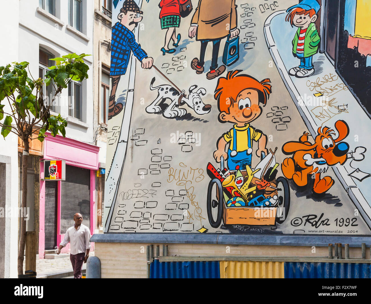 Belgium, Brussels, house facade with comic strip of Jean Roba Stock Photo