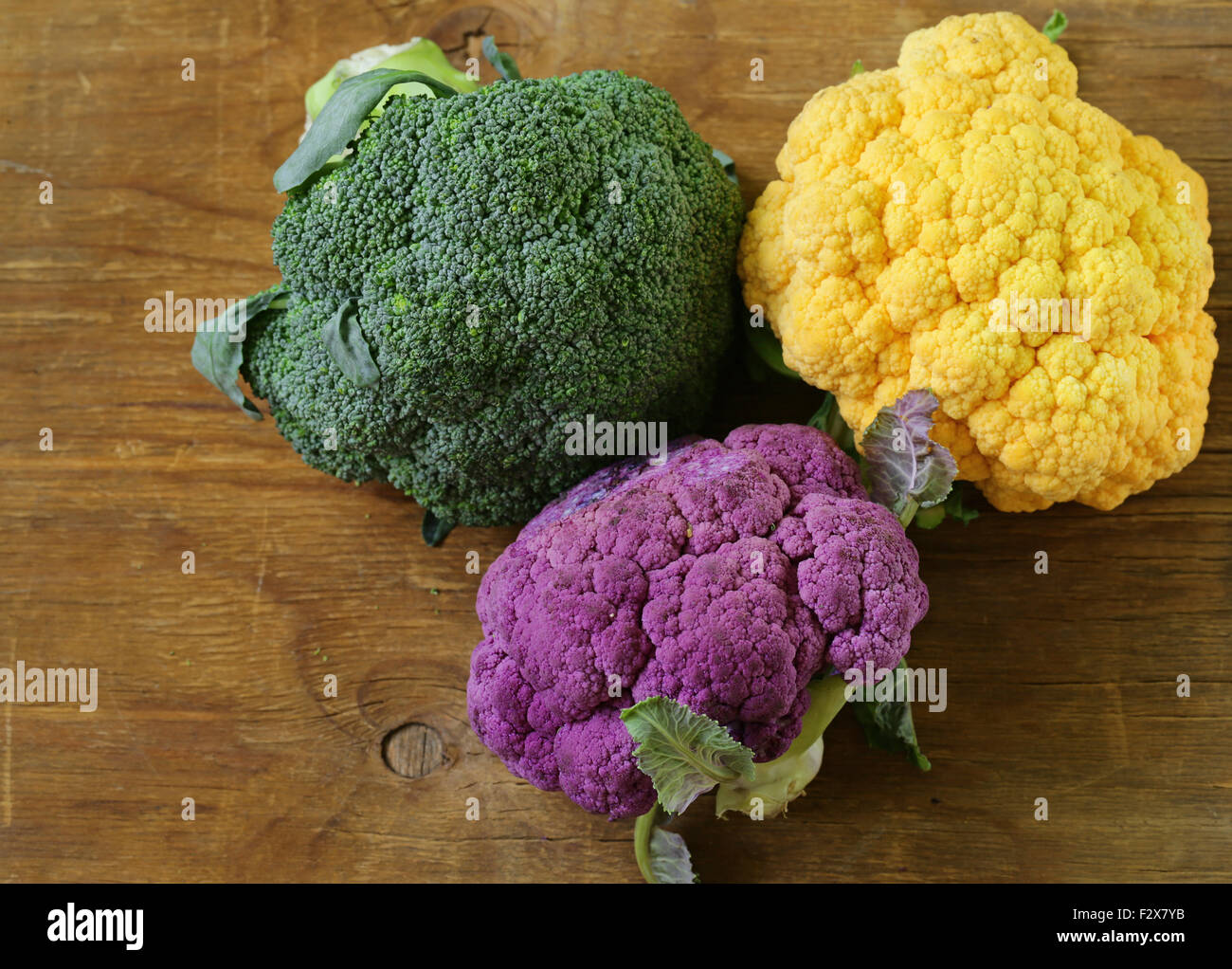 different cauliflower broccoli, green, yellow and purple Stock Photo