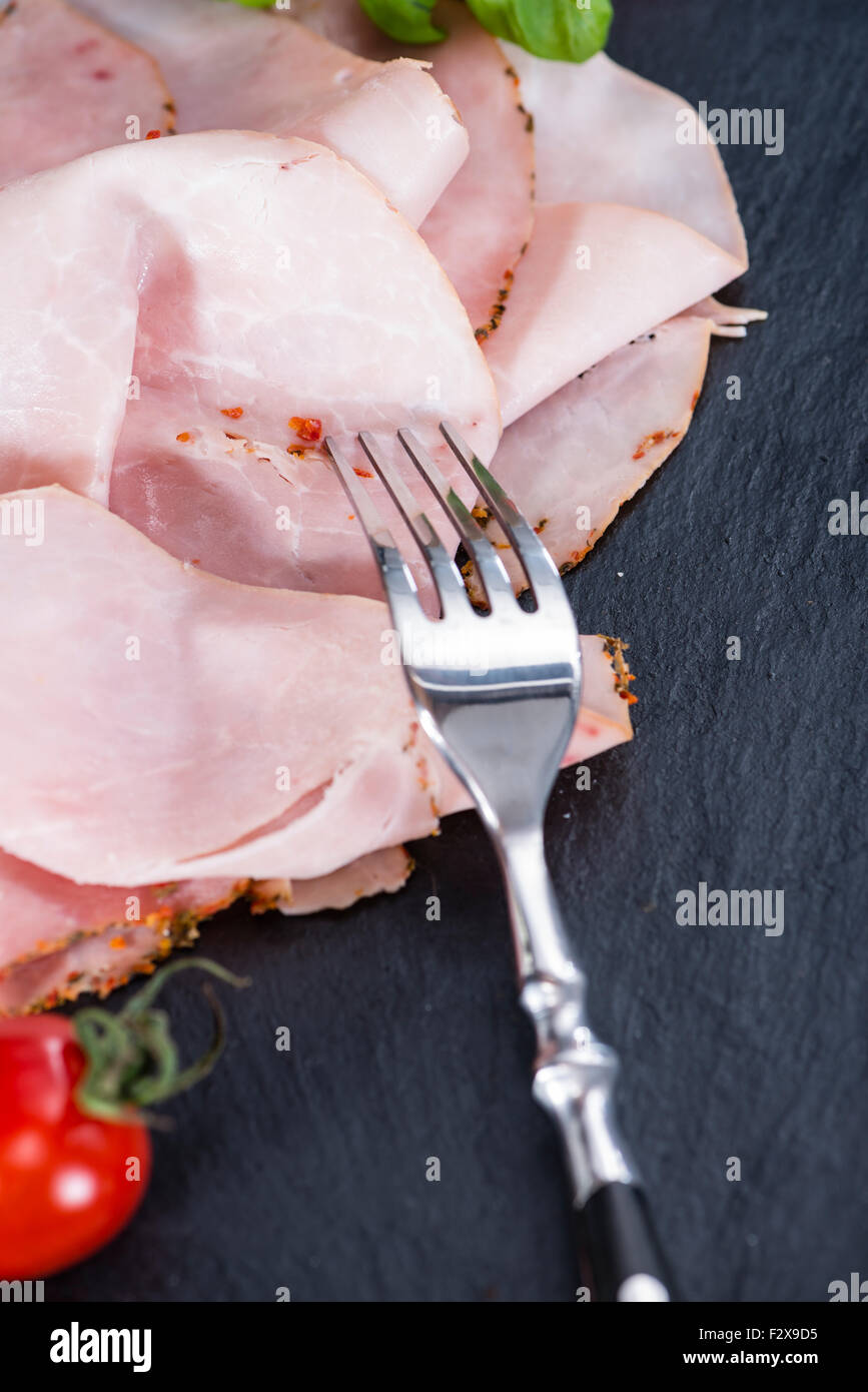Portion of Ham with fresh herbs (close-up shot Stock Photo - Alamy