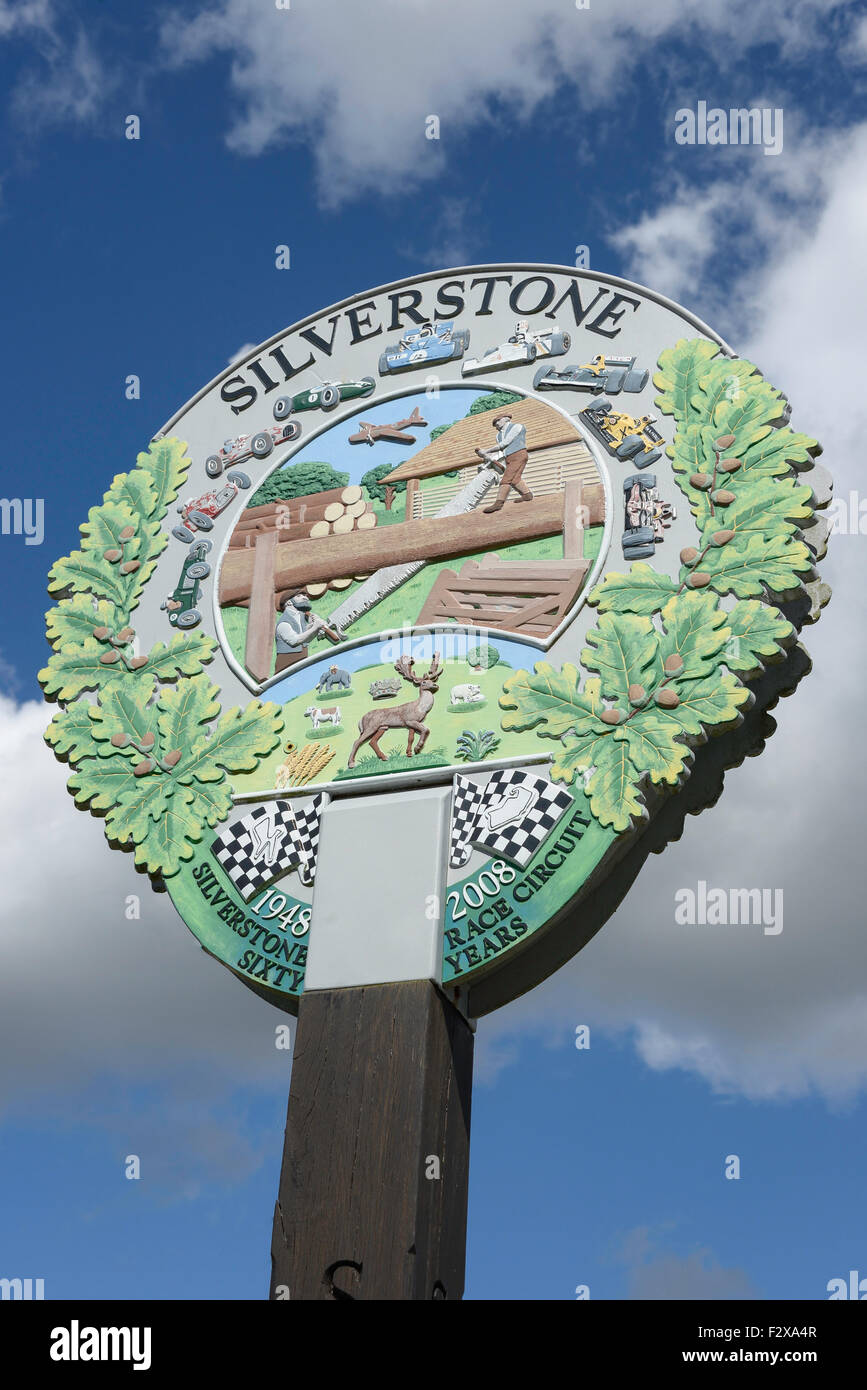 Village sign, High Street, Silverstone, Northamptonshire, England, United Kingdom Stock Photo