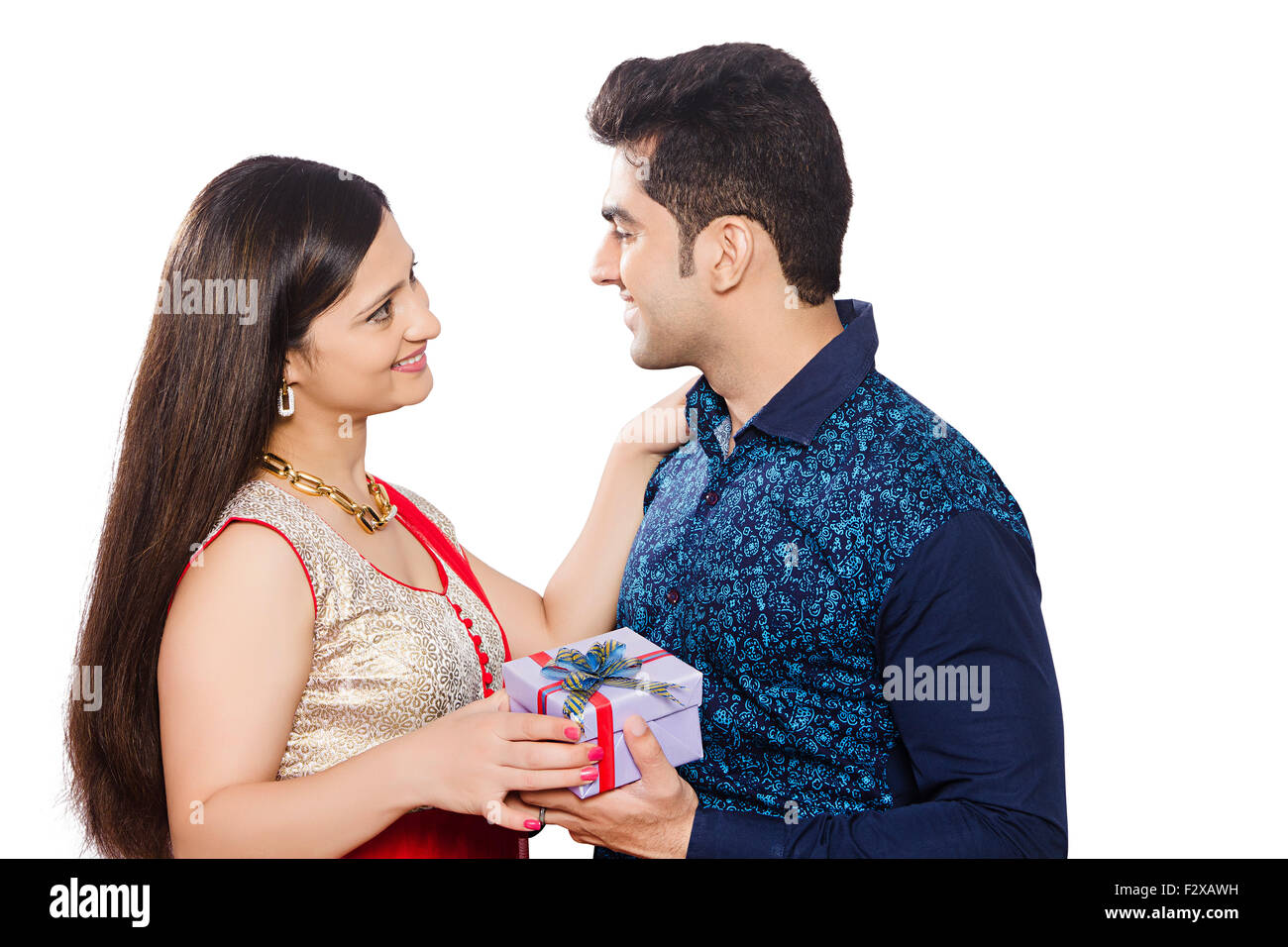 2 indian Married Couple Diwali Festival Giving Gift Stock Photo - Alamy