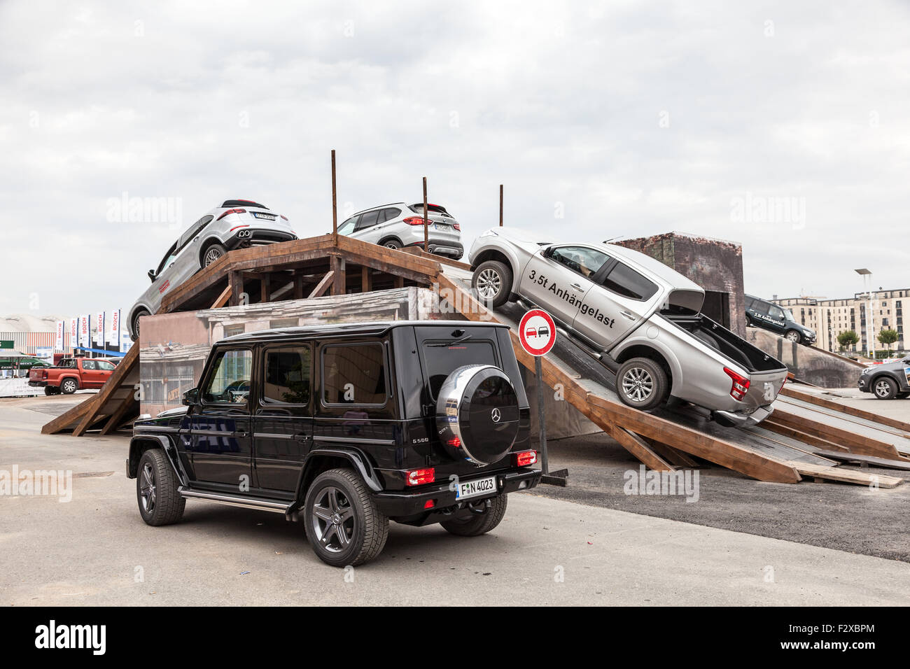 Luxury SUVs driving at an offroad parcours of the IAA International Motor Show 2015 Stock Photo