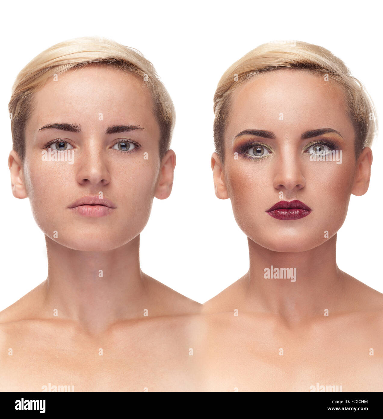 Girl with and without make up before after concept. Studio shooting. Same girl without make up and with it. Over white backgroun Stock Photo