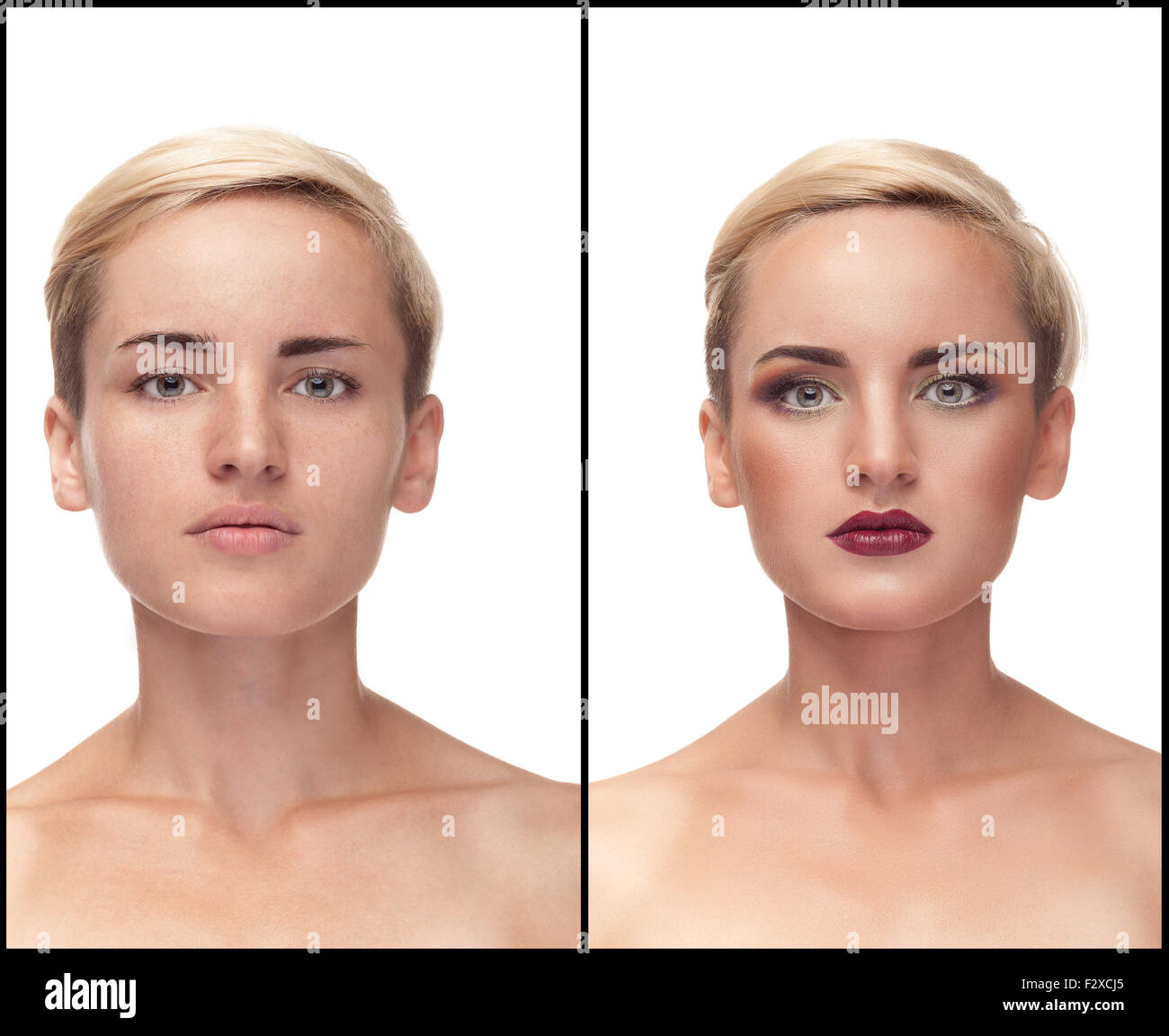 Collage of before and after make up. Same girl. Studio shooting. Over