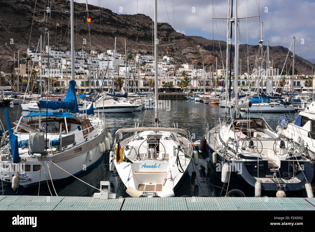 Sailing yachts in the marina, Puerto de Mogan, Gran Canaria, Canary Islands, Spain Stock Photo