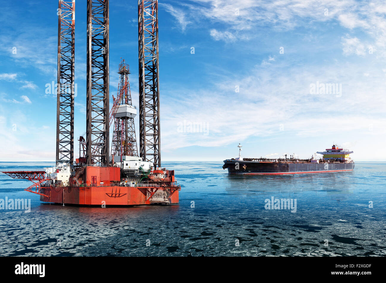 Oil Rig and tanker on offshore area at winter. Stock Photo