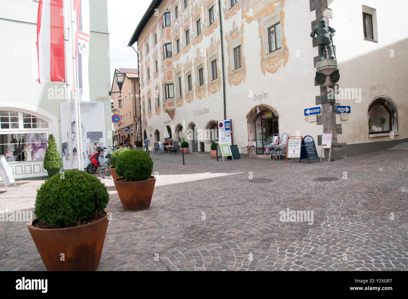 Austria, Tyrol, Schwaz. Town hall in Franz Josef pedestrian Street in the old town Stock Photo
