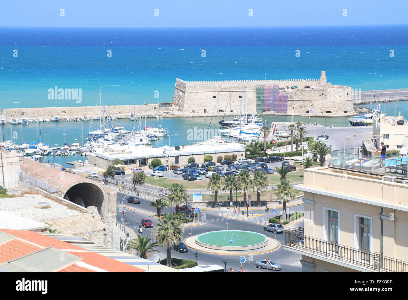 elevated view of the Venetian fortress of Rocca al Mare, in the old port, Heraklion, Crete Island, Greece Stock Photo