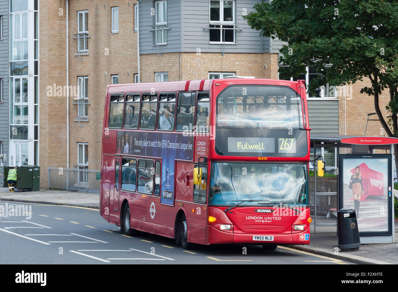 London double-decker bus at bus stop, High Street, Brentford, Borough of Hounslow Greater London, England, United Kingdom Stock Photo