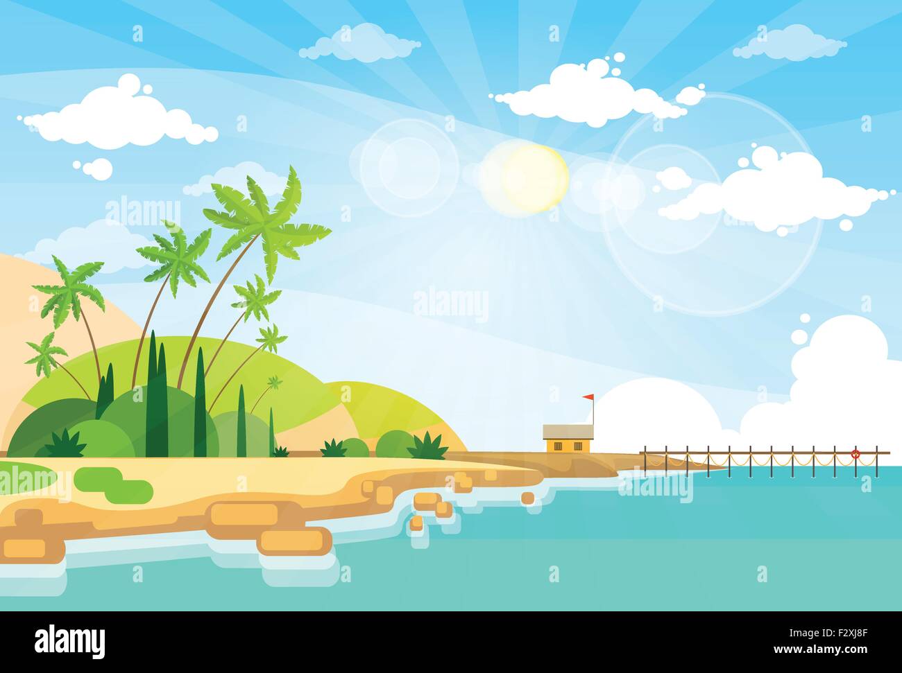Tropical Beach Island Palm Tree Ocean Summer Vacation Flat Stock Vector ...