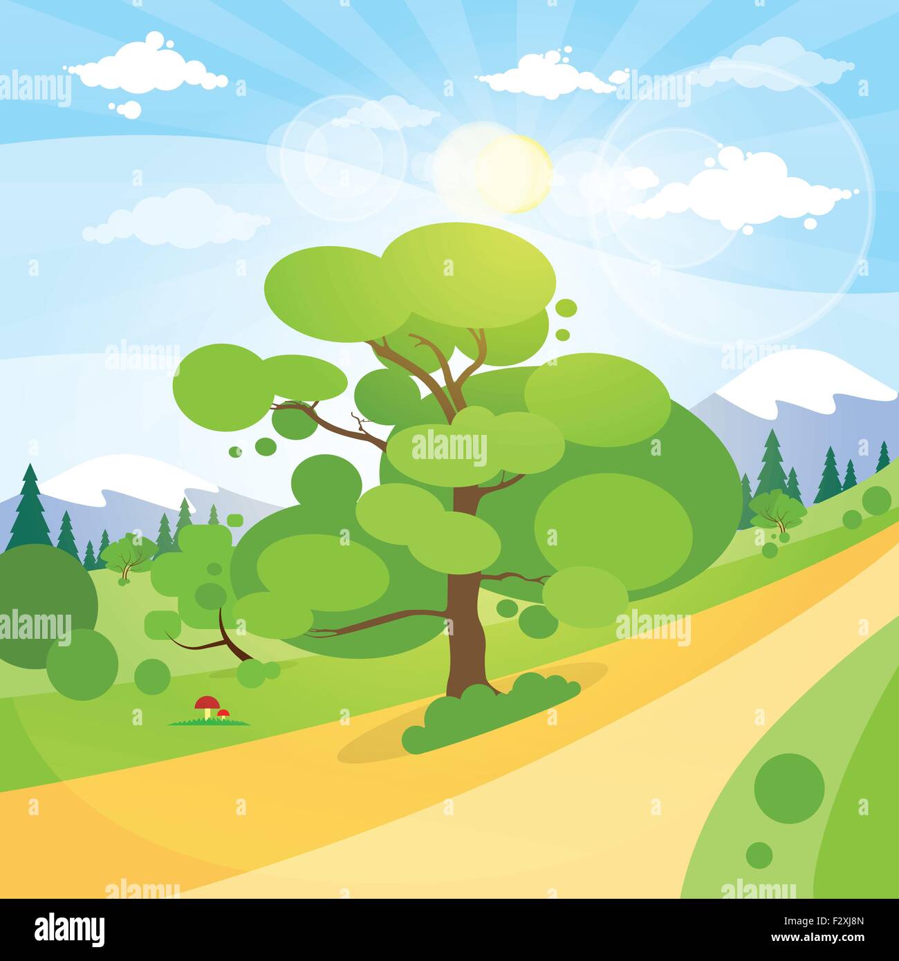 Summer Landscape Mountain Forest Road Blue Cloud Sky With Sun Green ...