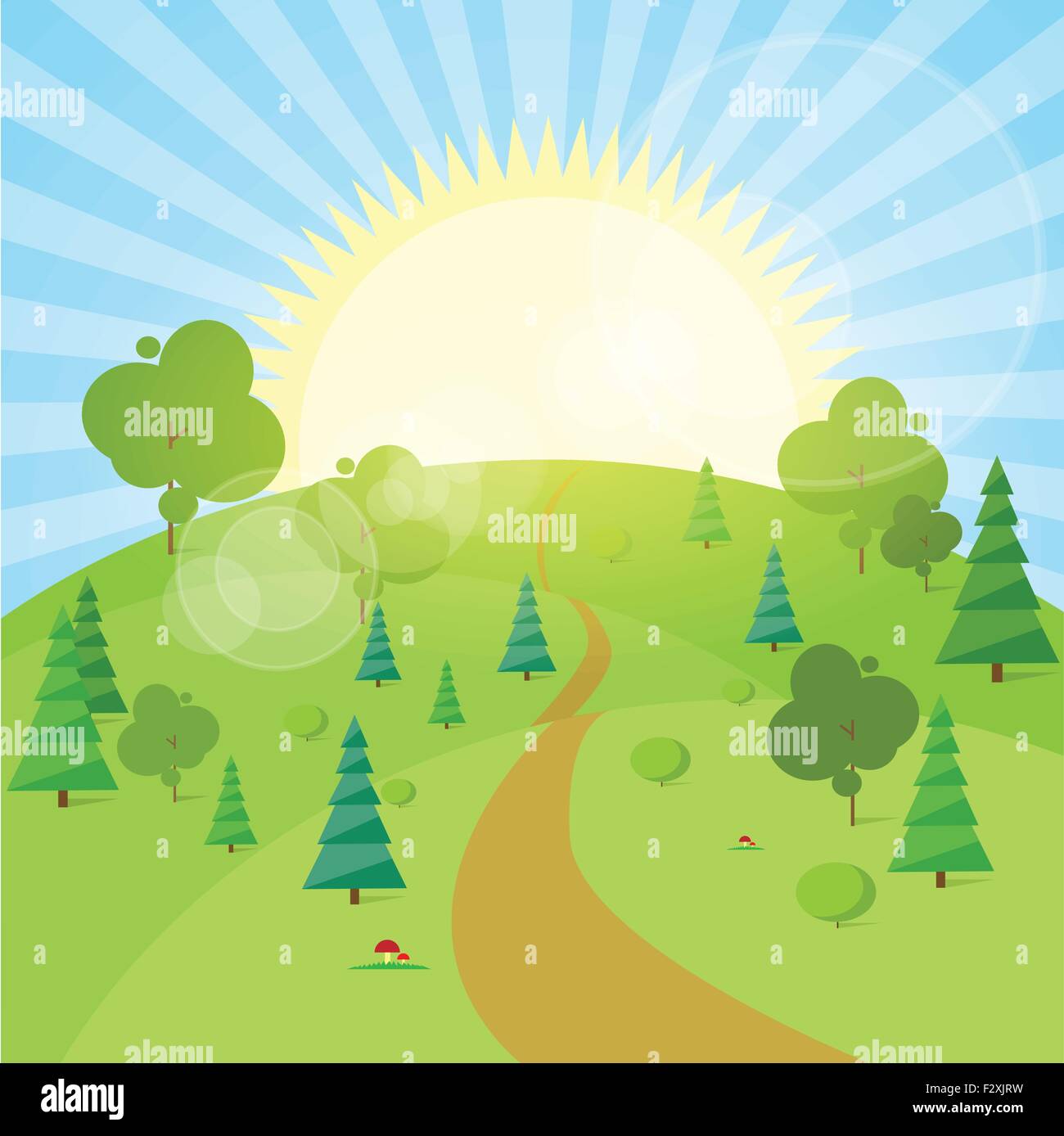 Summer Landscape Mountain Forest Road Blue Cloud Sky With Sun Green ...