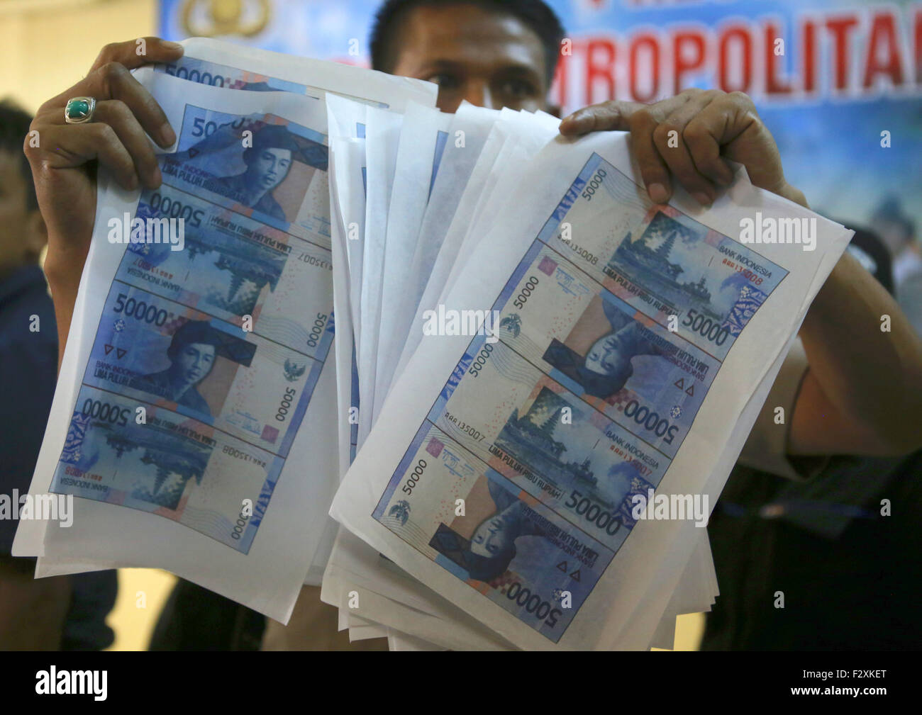 50000 rupiah denomination banknote counterfeit is still in the form of large sheets © Denny Pohan/Alamy Live News Stock Photo