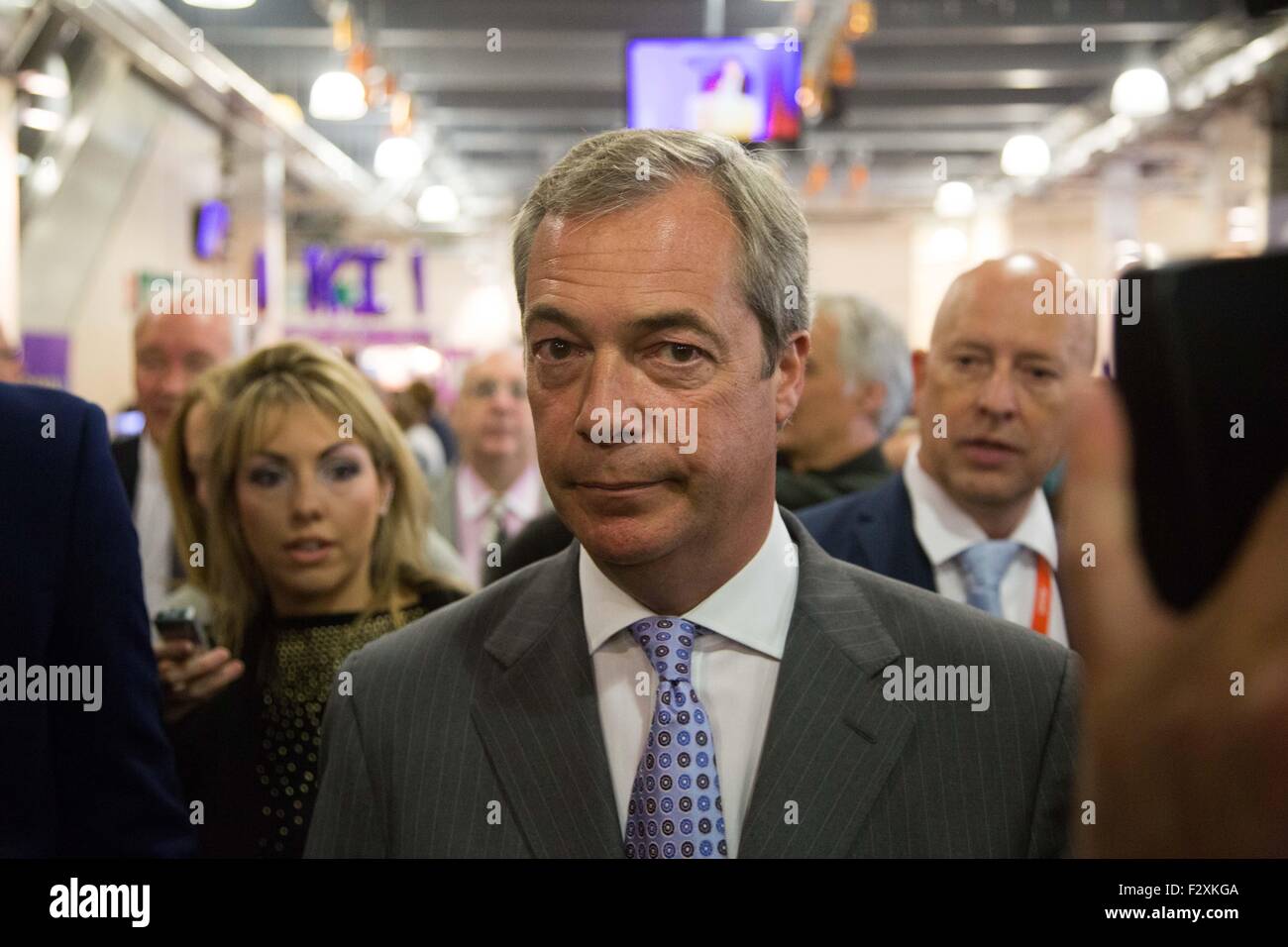 Doncaster, South Yorkshire, UK. 25th September, 2015. Nigel Farage arrives at the UKIP National Conference in Doncaster South Yorkshire, UK. 25th September 2015. UKIP leader Farage today declared that he is to put the EU referendum battle before his party priorities. Credit:  Ian Hinchliffe/Alamy Live News Stock Photo