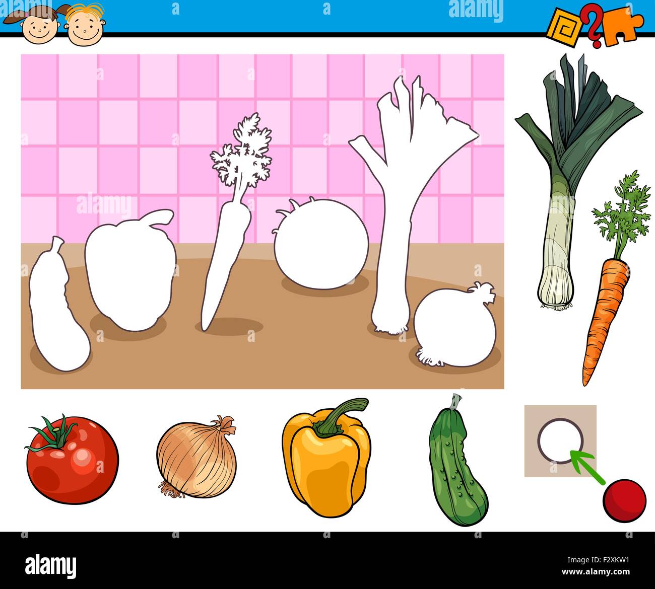 Cartoon Illustration of Educational Game for Preschool Children with Vegetables Stock Vector