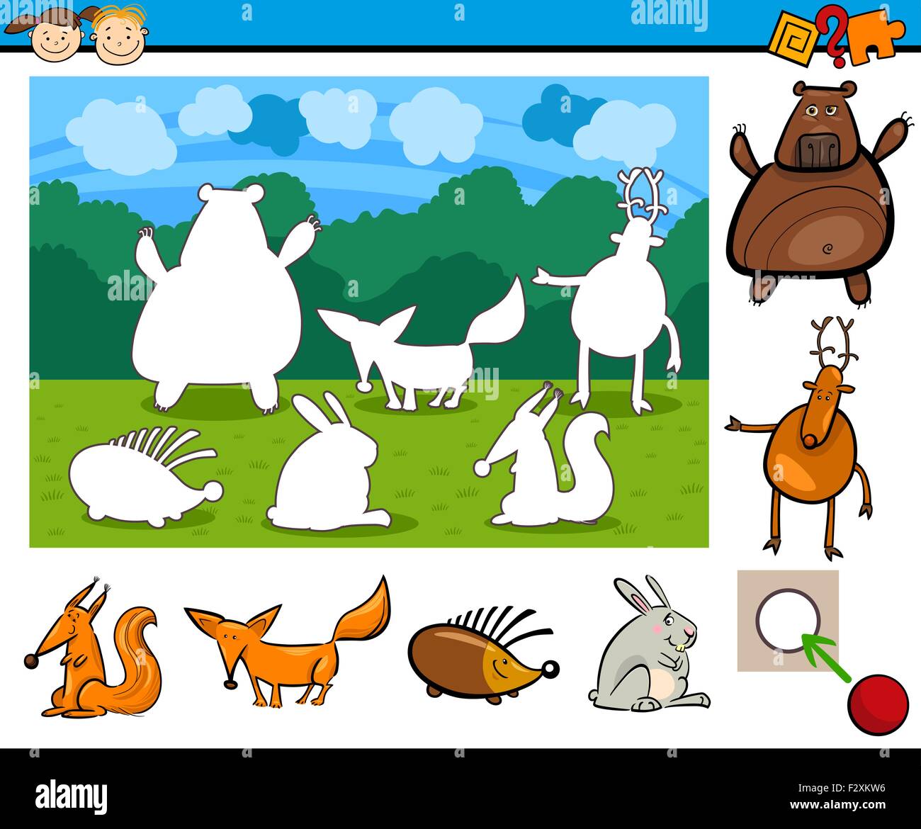 Cartoon Illustration of Educational Kindergarten Task for Children with Animal Characters Stock Vector