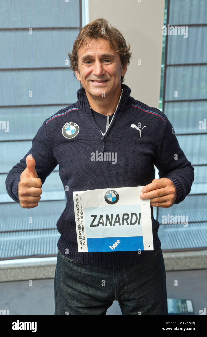 Berlin, Germany. 25th Sep, 2015. Former Formula One racing driver Alex Zanardi of Italy poses during a press conference promoting the 42nd Berlin Marathon in Berlin, Germany, 25 September 2015. The Berlin Marathon will be held on 27 September 2015. Photo: JOERG CARSTENSEN/dpa/Alamy Live News Stock Photo