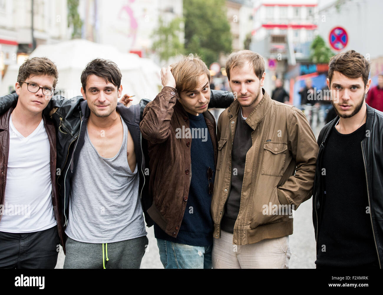 Hamburg, Germany. 24th Sep, 2015. Musicians Lukas Hasitschka (l-r), Manuel  Christoph Poppe, Reinhold Weber, Michael Marco Fitzthum (stage name: Marco  Michael Wanda) and Christian Hummer of Austrian band Wanda pose on the
