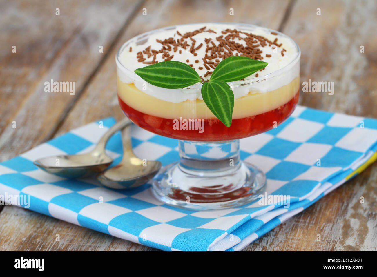 Trifle in dessert glass on checkered cloth on rustic wooden surface Stock Photo