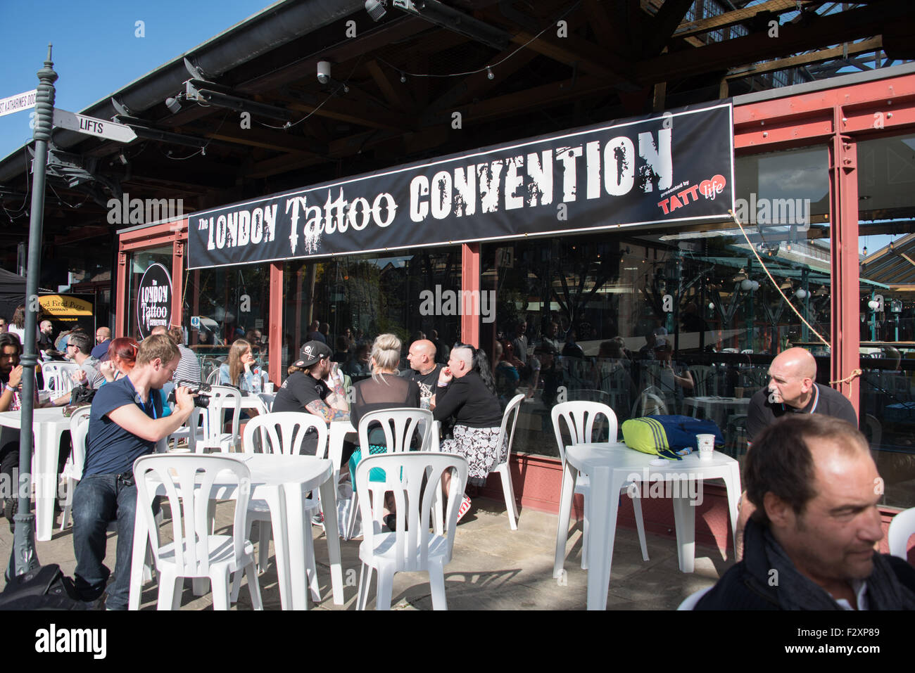 London, UK. 25th September, 2015. The 11th International London Tattoo Convention on 25th September 2015 at Tobacco Dock, Tower Hamlets, London, UK. Tattoo artists, fan and performers from around the world gather at Tobacco Dock for the three day convention. Credit:  Terence Mendoza/Alamy Live News Stock Photo