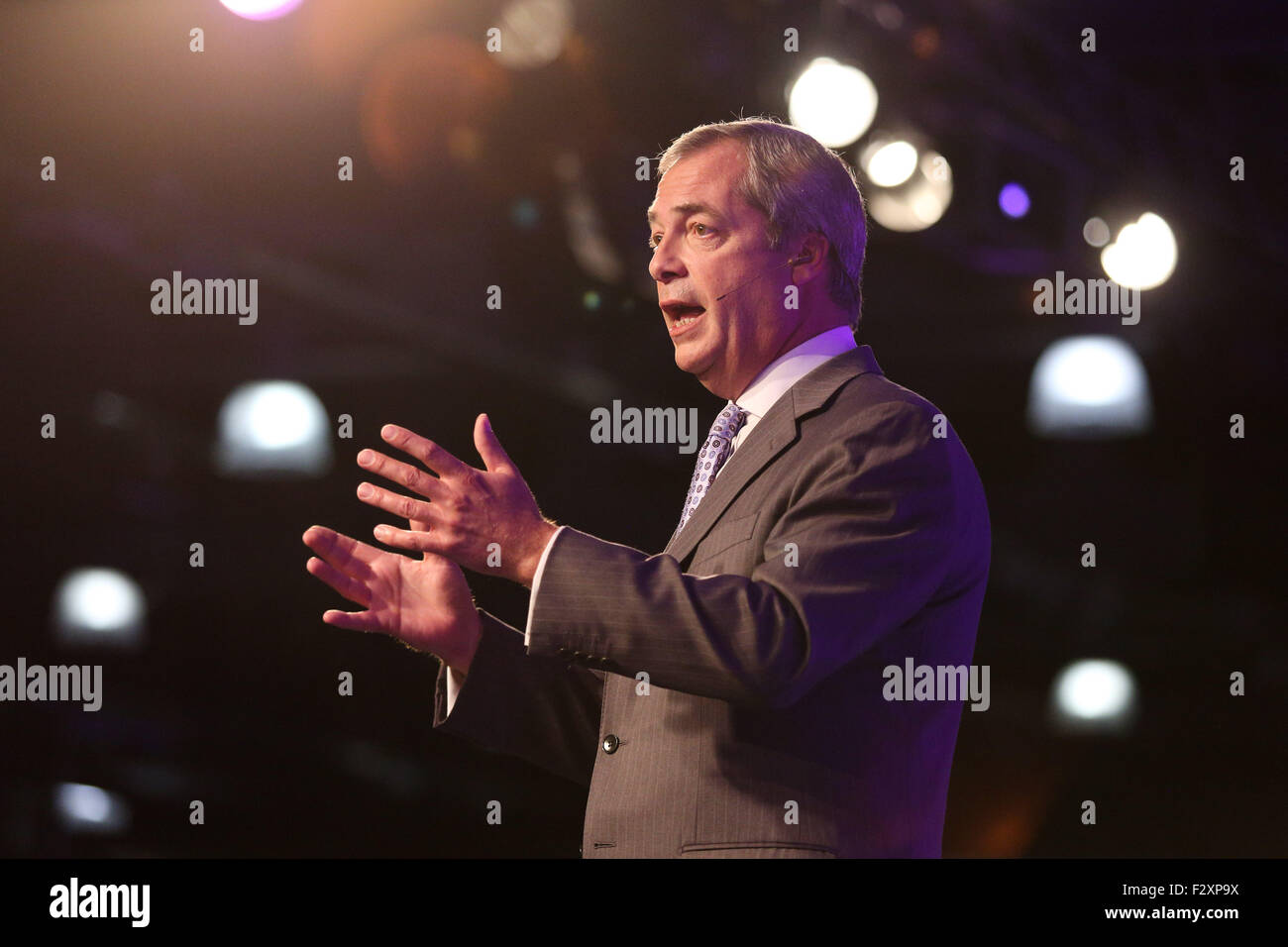 Doncaster, South Yorkshire, UK. 25th September, 2015. UKIP leader Nigel Farage addresses a room full of supporters at the UKIP National Conference in Doncaster South Yorkshire, UK. 25th September 2015. Farage today declared that he is to put the EU referendum battle before his party priorities.  Credit:  Ian Hinchliffe/Alamy Live News Stock Photo