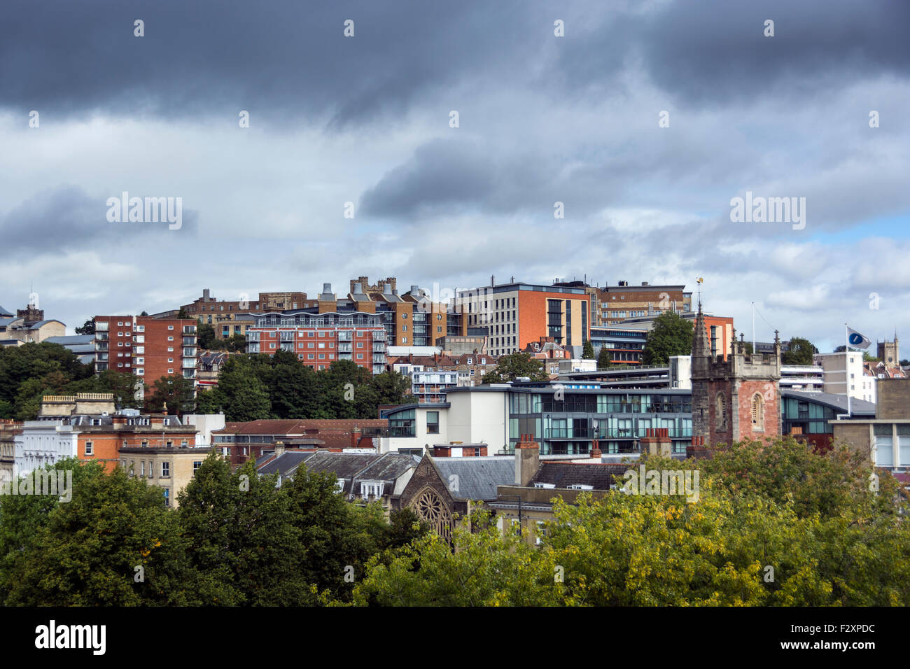 The view from Bristol Cathedral's roof/tower looking north towards the University precinct. Stock Photo